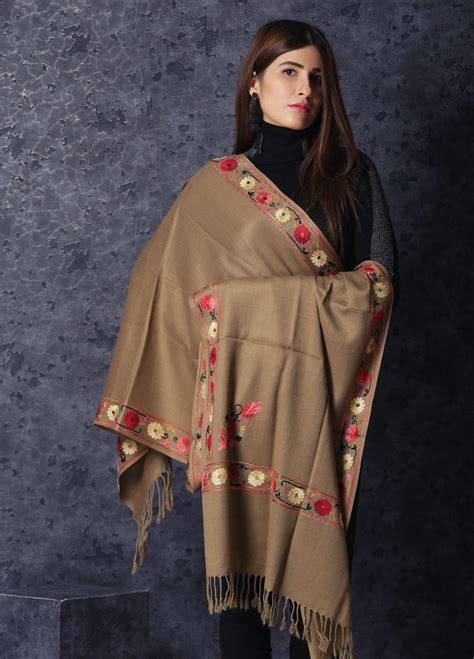 Sanaulla Exclusive Range Embroidered Pashmina Shawl Mir 81 Brown