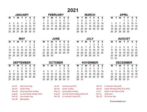 2021 Year At A Glance Calendar With Uk Holidays Free Printable Templates