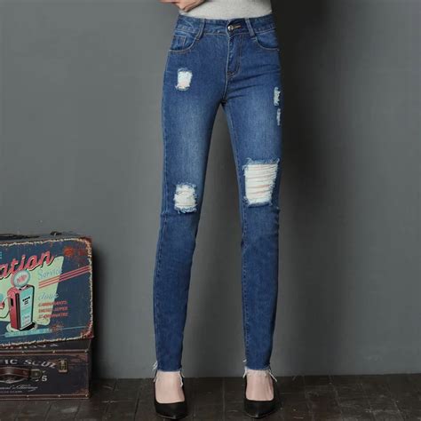 Ejqyhqr Fashion Knee Hole Ripped Jeans Women Denim Pencil Pants Casual Slim Vintage Jean