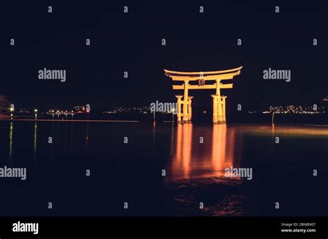 Illuminated Itsukushima Floating Torii Gate At Night Miyajimacho