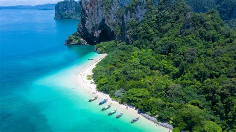 Aerial View Phra Nang Cave Beach With Traditional Long Tail Boat On Ao