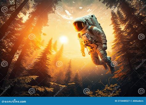 Artistic Astronaut Floating Above Enchanted Forest With The Setting