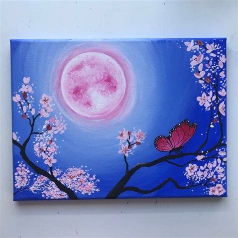 Made To Order 9x12 Pink Full Moon Cherry Blossom Tree Pink Butterfly