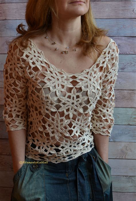 Pattern Crochet Lace Blouse Women 34 Sleeve Cold Shoulder Etsy In