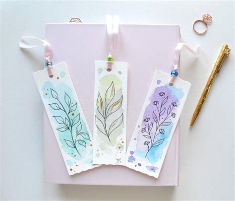 handmade watercolor bookmarks with botanical line art book lover t etsy watercolor