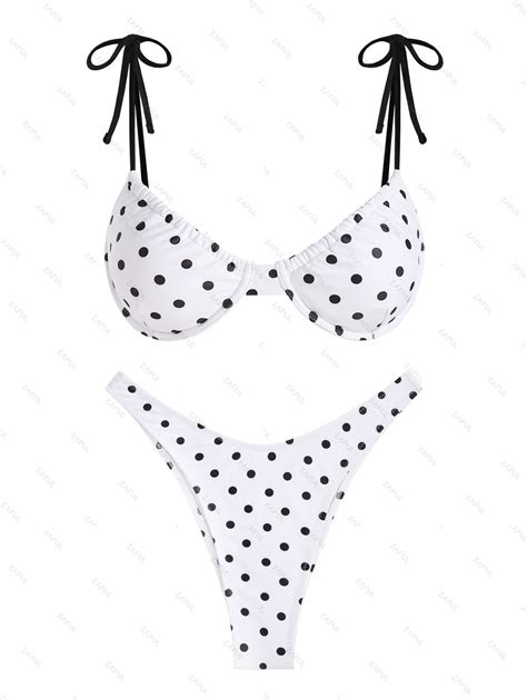 polka dot tie shoulder underwire high leg brazilian cheeky bikini set in white zaful united