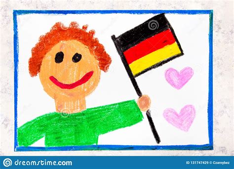 Colorful Drawing Happy Man Holding German Flag Flag Of Germany Stock