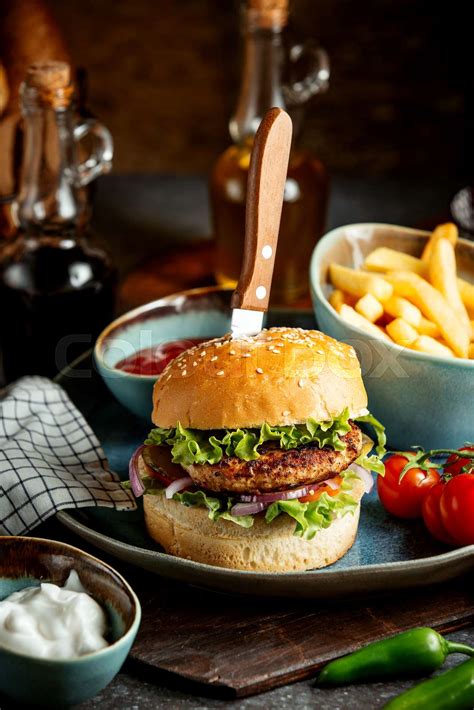 Burger With French Fries And Ketchup Stock Image Colourbox