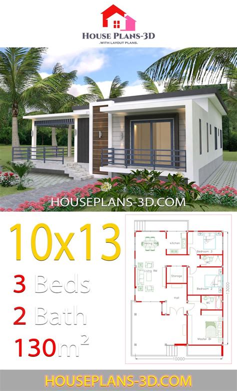 House Design 10x13 With 3 Bedrooms Terrace Roof House Plans 3d 61a
