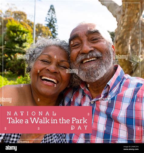 National Take A Walk In The Park Day Text Over Happy Senior African