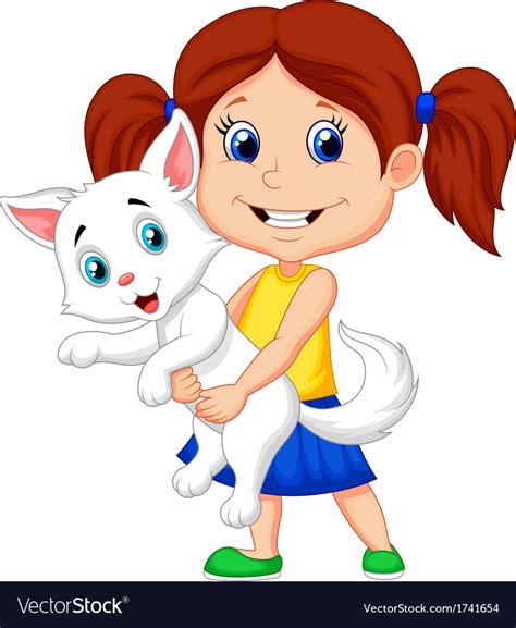 Happy Cartoon Little Girl Hugging Her Pet Vector Image