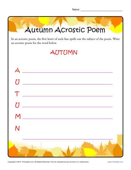 Autumn Worksheets Acrostic Poem Activity For Students