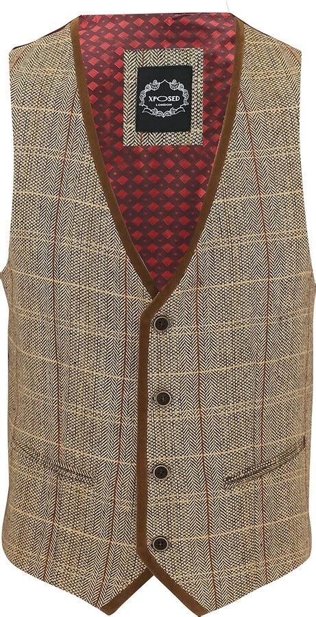 Xposed Mens Tweed Check Waistcoats Oak Brown Grey 1920s Retro