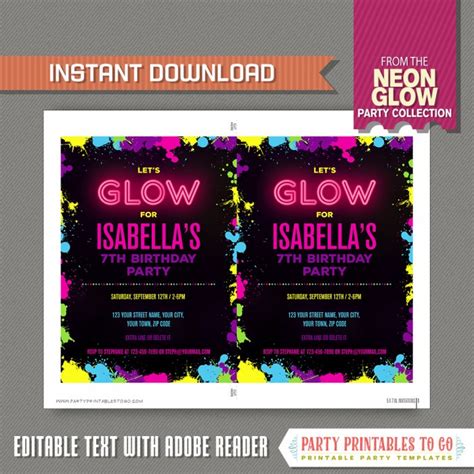 Neon Glow Party Invitation Instant Dowload Glow In The