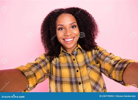 Photo Of Positive Blogger Lady Take Selfie Toothy Shiny Smile Wear Plaid Shirt Isolated Pink