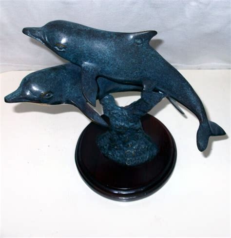 Bronze Dolphins Pair Sculpture On Mahogany Wood Base Marked Burn