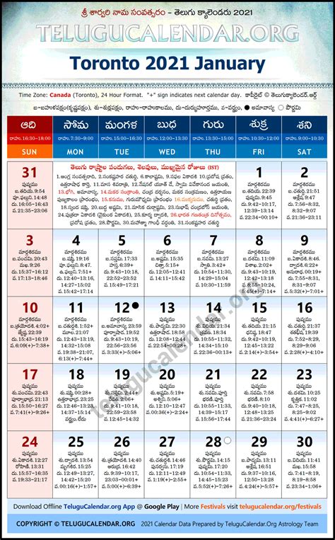 Are you looking for a printable calendar? Toronto 2021 January Telugu Calendar Festivals & Holidays