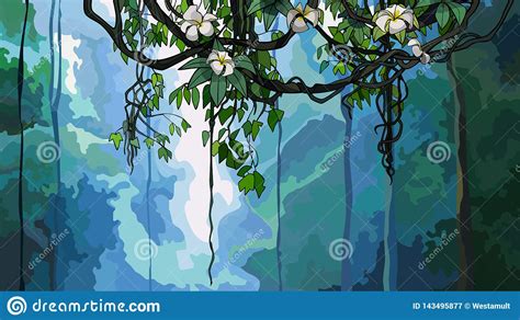 Waterfall Jungle Landscape With Rock Cascade River Streams Vector