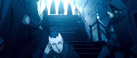 Two Anime Characters Standing In Front Of Some Stairs