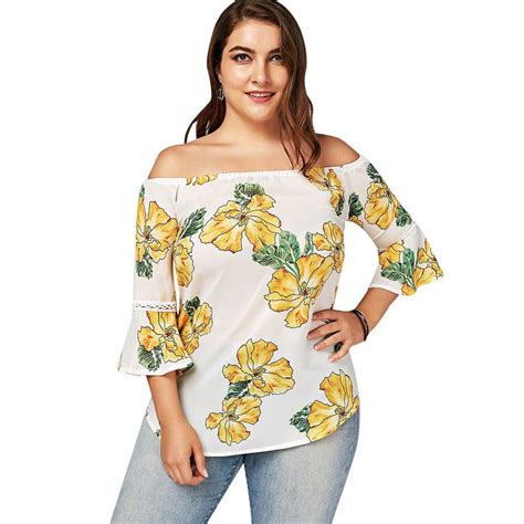 Plus Size Floral Chiffon Off The Shoulder Hawaiian Blouse White