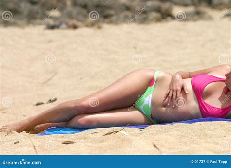 Bikini Girl Sunbathing On A Beach In Hawaii Stock Image Image Of