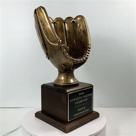 Antique Gold Glove Resin On Walnut Base Trophy By Athletic Awards