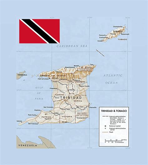 Политическая и административная карта Тринидада и Тобаго с рельефом и