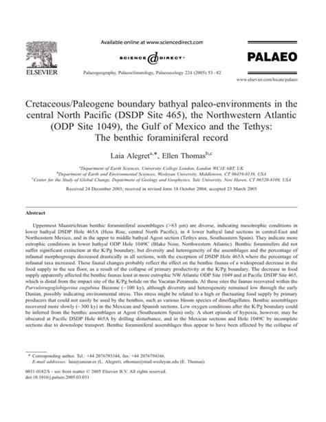 Cretaceouspaleogene Boundary Bathyal Paleo Environments In The