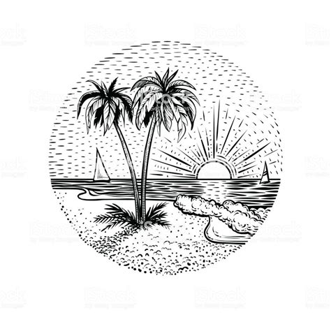 Line Beach Landscape With Palms And Sunset Round Emblem Card Tattoo