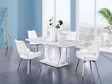 We have elegant dining table sets available in every design, including traditional wood, modern glass, high gloss and luxurious marble. Contemporary Marble Finish with White Swivel Chairs
