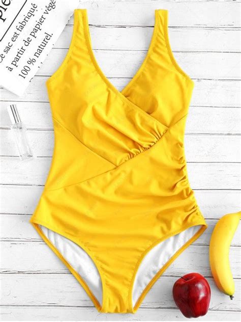25 Off 2021 Zaful Ruched Surplice One Piece Swimsuit In Bright