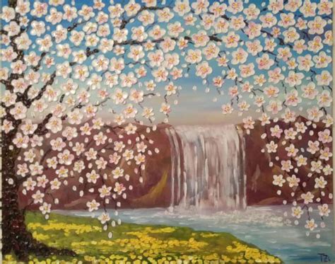 Cherry Blossom Tree And Waterfall Free Shipping Original Artesanato E