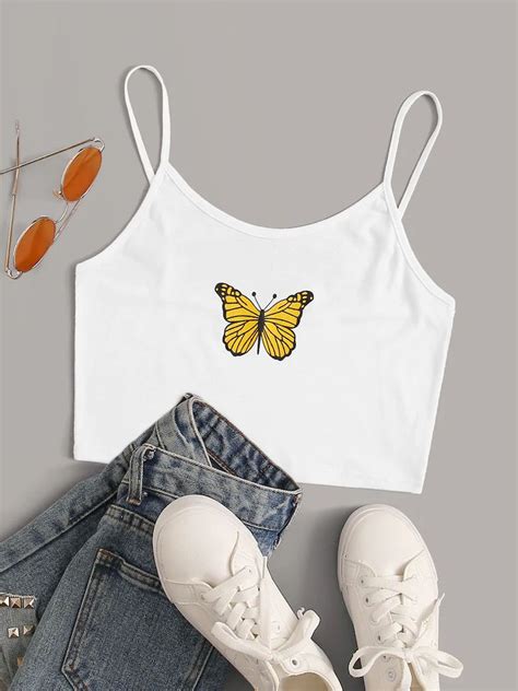 butterfly print crop cami top romwe cute casual outfits tween outfits casual tank tops