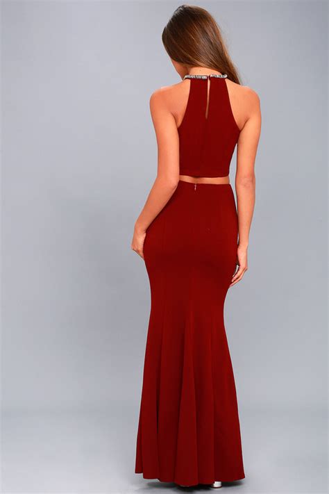 Stunning Wine Red Rhinestone Dress Two Piece Maxi Dress