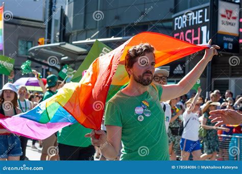 pride parade lgbt flag colorful rainbow toronto ontario canada 06 23 2019 people go to the