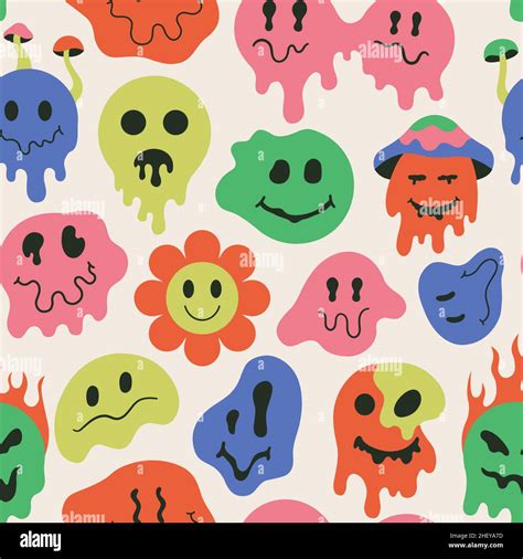 Melting Smiling Faces Dripping Groovy Retro Seamless Pattern Retro