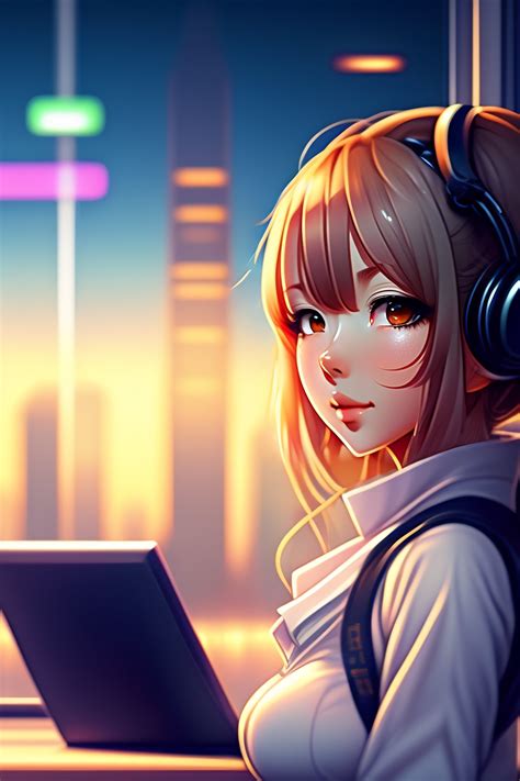 Lexica Cute Sexy Anime Girl Working On Computer Skyline Background