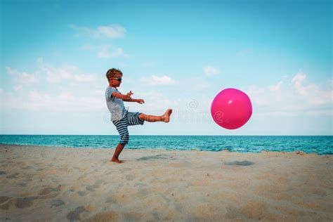 Boy Play With Ball On Beach Active Games For Kids Stock Photo Image