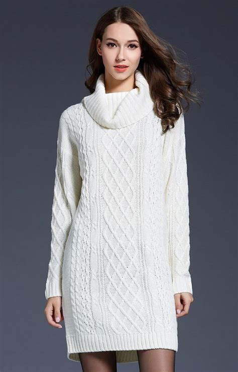 knitted warm acrylic white sweaters for women loose turtleneck sweater dress for women winter