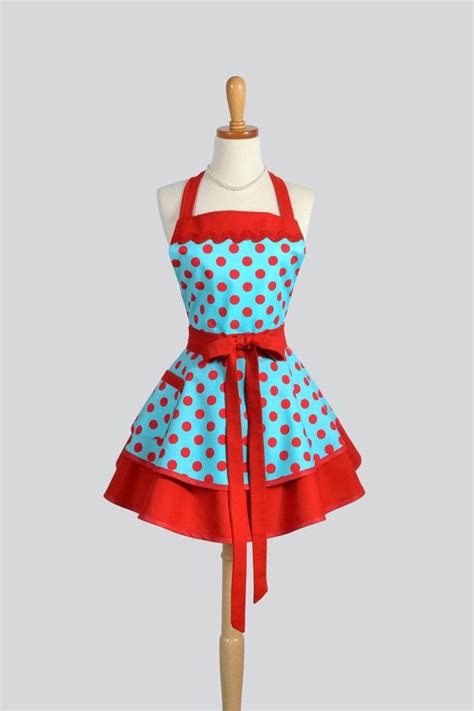 Personalized Womens Cute Retro Apron With Red Hearts And