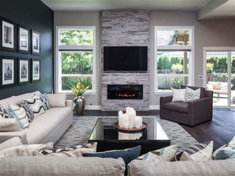 Stone Fireplace In Gray Modern Living Room Hgtv