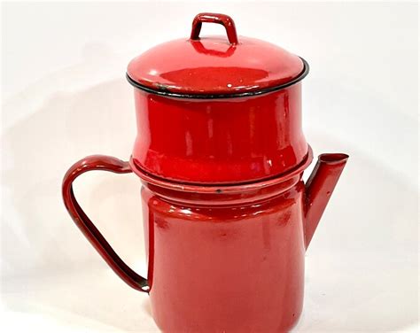 Vintage Coffee Pot Red Enamelware Stovetop 6 Cup Drip Etsy