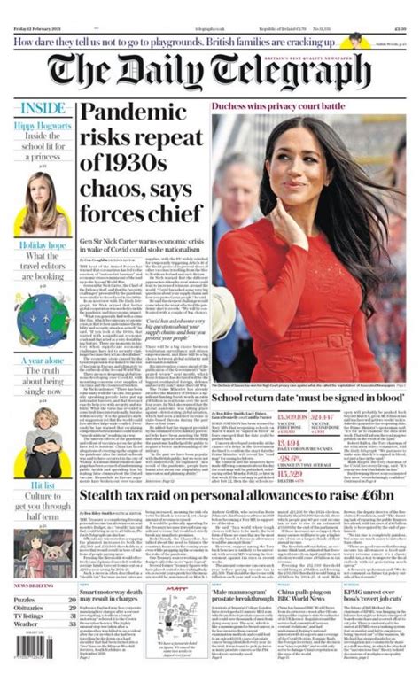 Daily Telegraph Front Page 12th Of February 2021 Tomorrow S Papers Today