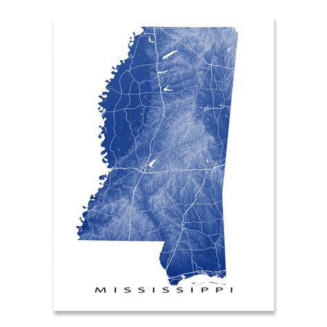 Mississippi State Map Print Topographic Ms Poster Maps With Roads