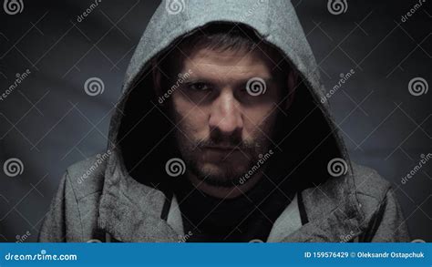 Scary Man Portrait Portrait Of An Evil Male In Hood Looking At Camera