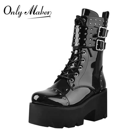 Onlymaker Womens Round Toe Platform Boots Black Patent Leather Rivet