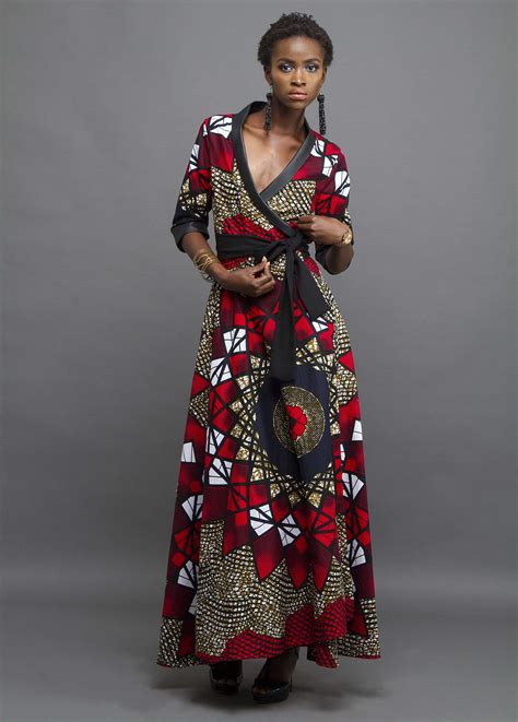 Black Evening Wrap Dress With Leather Trim And African Print Evening