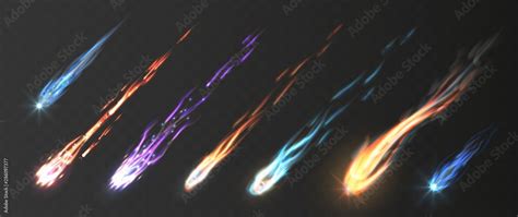 Comets And Meteorite Set Vector Realistic Meteors And Fireballs With