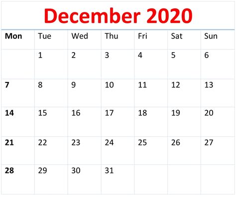December Calendar Pdf Word Excel Template