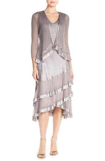 Komarov Beaded Charmeuse And Chiffon Tiered Dress With Jacket Nordstrom